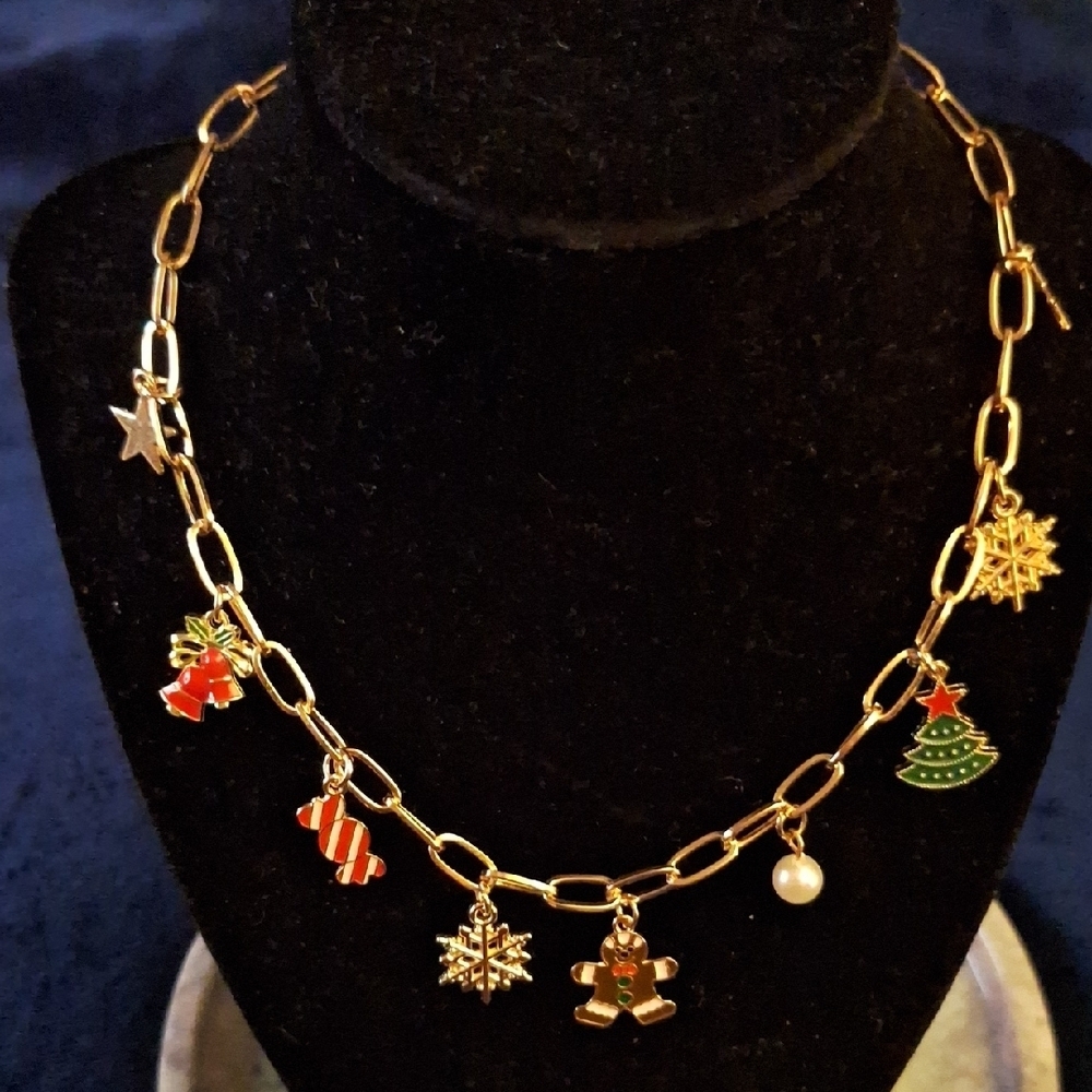 Gold Charm Necklace with Holiday Festive Charms